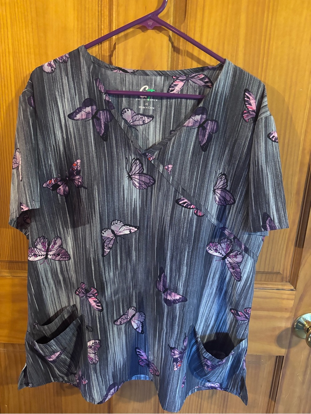 Purple Butterfly Print Women's Tunic Scrub Top
